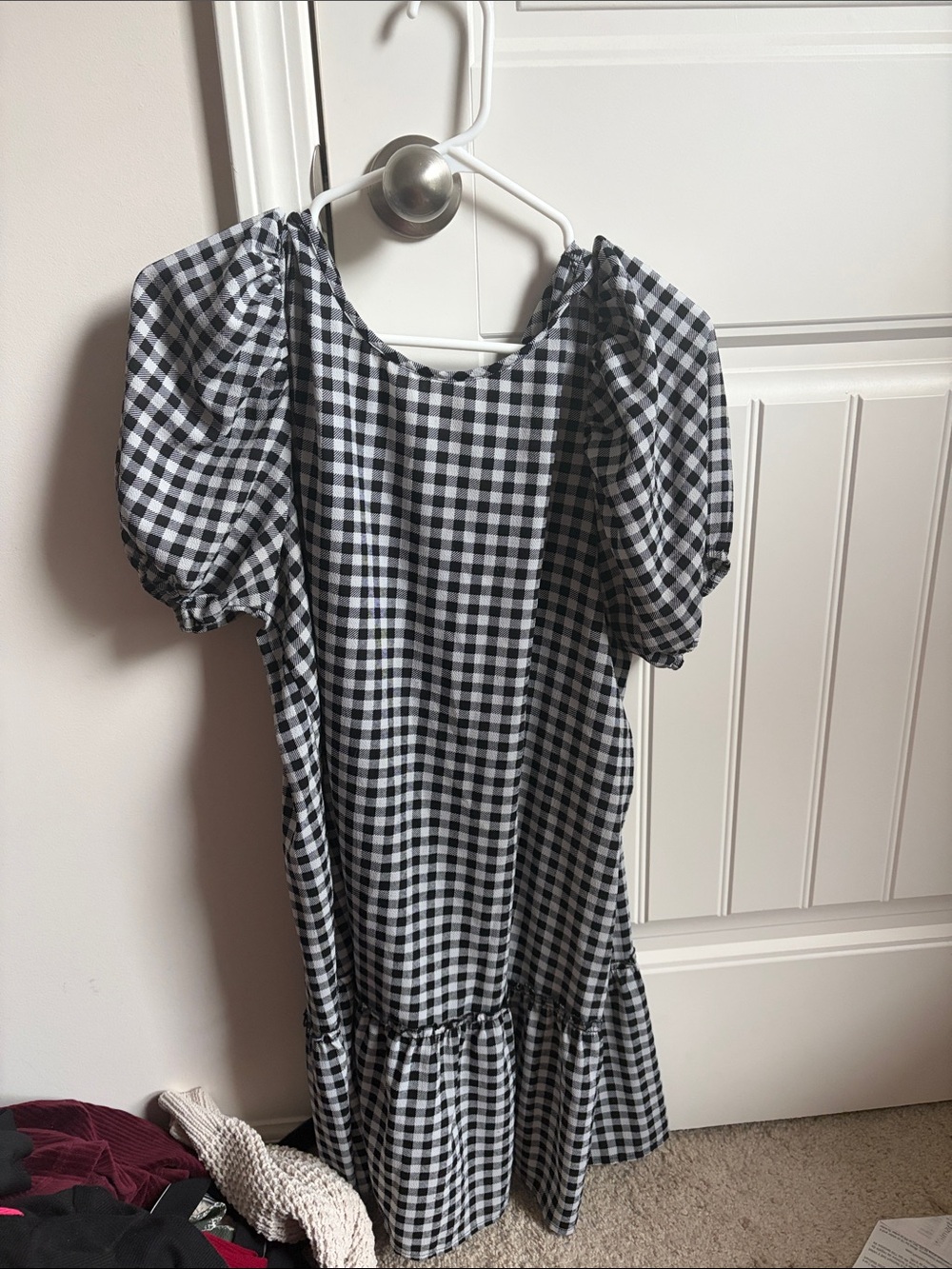 Black and White Gingham Puff-Sleeve Dress